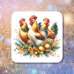Three French Hens | Twelve Days of Christmas Square Sticker<br><div class="desc">Three French Hens in pine branches and gold holiday ornaments Twelve Days of Christmas themed Christmas stickers.</div>
