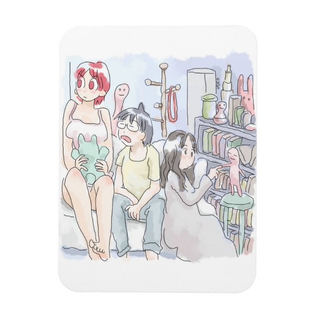 Three friendly illustrations of a woman sitting re magnet (Vertical)