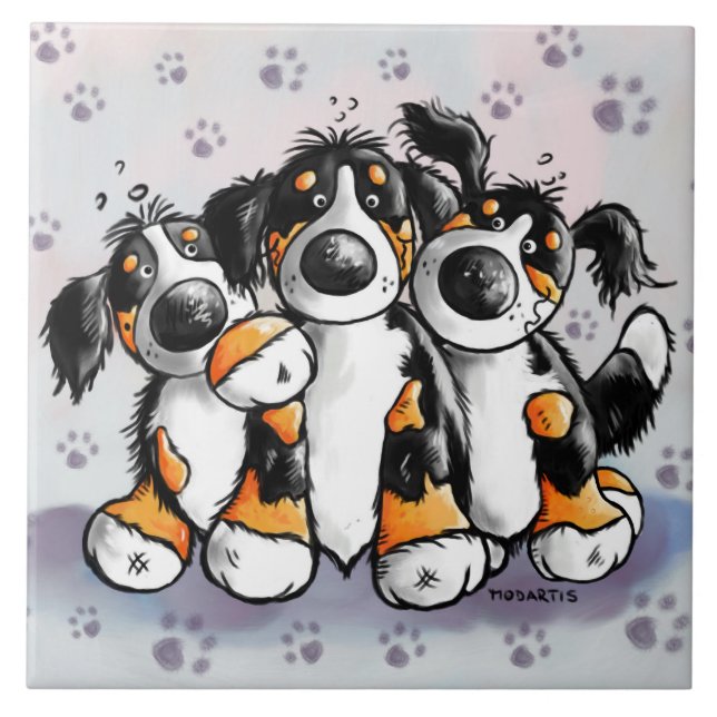 Three Funny Bernese Mountain Dogs Cartoon Tile (Front)