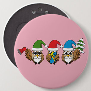 Three Funny Christmas Gnome Owls 6 Cm Round Badge