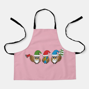 Three Funny Christmas Gnome Owls Apron