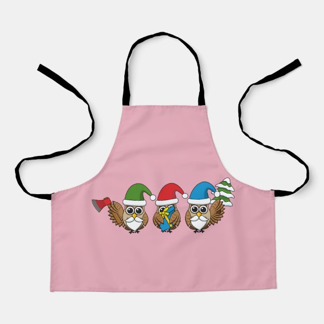 Three Funny Christmas Gnome Owls Apron (Front)