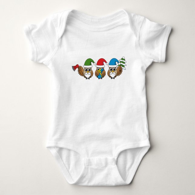 Three Funny Christmas Gnome Owls Baby Bodysuit (Front)