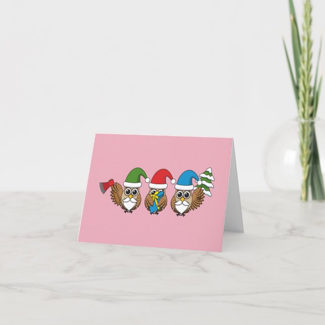 Three Funny Christmas Gnome Owls Card (Front)