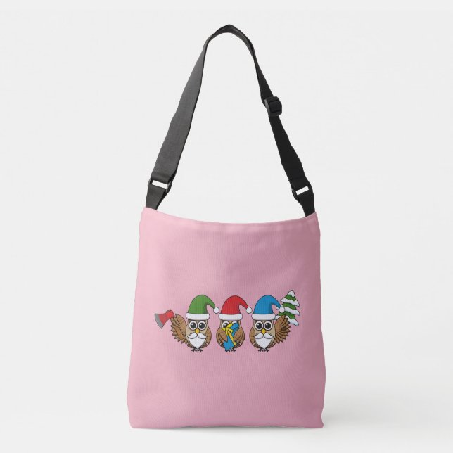 Three Funny Christmas Gnome Owls Crossbody Bag (Front)