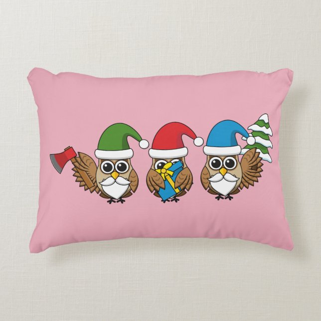 Three Funny Christmas Gnome Owls Decorative Cushion (Front)