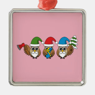 Three Funny Christmas Gnome Owls Metal Tree Decoration