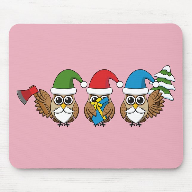 Three Funny Christmas Gnome Owls Mouse Pad (Front)