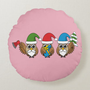 Three Funny Christmas Gnome Owls Round Cushion