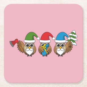 Three Funny Christmas Gnome Owls Square Paper Coaster