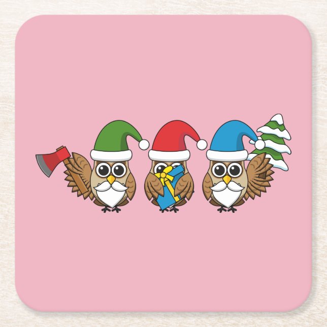 Three Funny Christmas Gnome Owls Square Paper Coaster (Front)