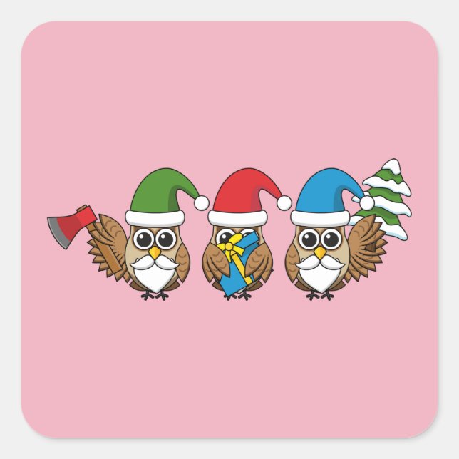 Three Funny Christmas Gnome Owls Square Sticker (Front)