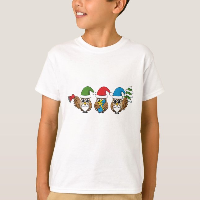 Three Funny Christmas Gnome Owls T-Shirt (Front)