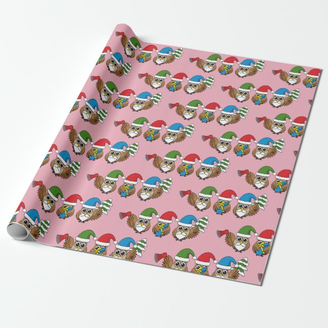 Three Funny Christmas Gnome Owls Wrapping Paper (Unrolled)