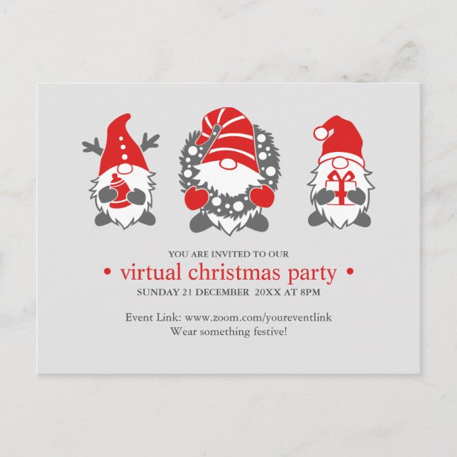 Three Funny Gnomes | Grey Virtual Christmas Party Holiday Postcard (Front)