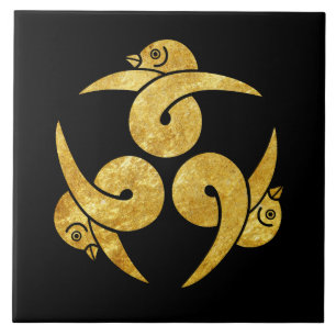 Three Geese Japanese Kamon gold on black Tile