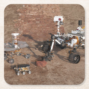 Three Generations Of Mars Rovers. Square Paper Coaster