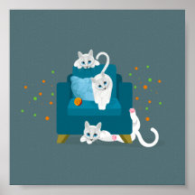 Three Geometric white cats playing around a chair