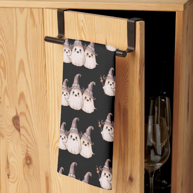Three Ghosts Grey Witch's Hats Pattern Halloween Tea Towel (Thirds Fold)