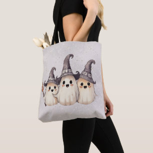 Three Ghosts Witch's Hats Silver Glitter Halloween Tote Bag