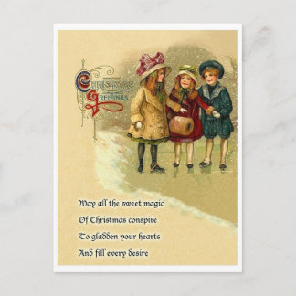 Three girls on snow, Christmas greeting with poem Postcard