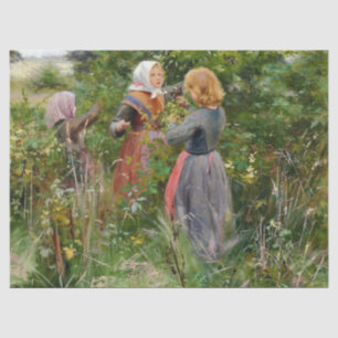 Three Girls Picking Blackberries (by Brendekilde) Tissue Paper