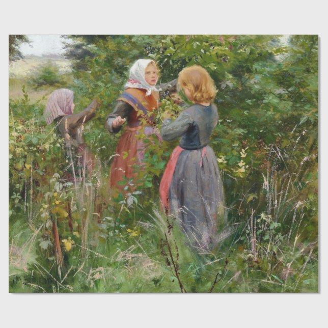 Three Girls Picking Blackberries (by Brendekilde) Wrapping Paper (Flat)