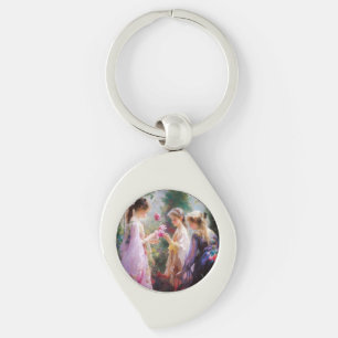 Three girls playing in a garden key ring