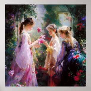Three girls playing in a garden poster