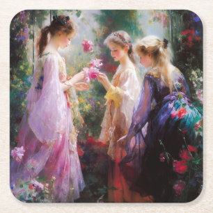 Three girls playing in a garden square paper coaster
