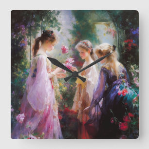 Three girls playing in a garden square wall clock