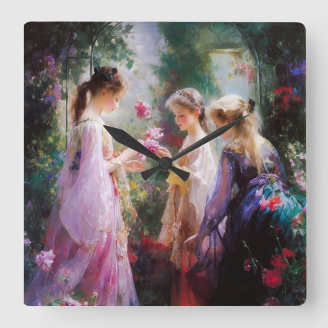 Three girls playing in a garden  square wall clock (Front)
