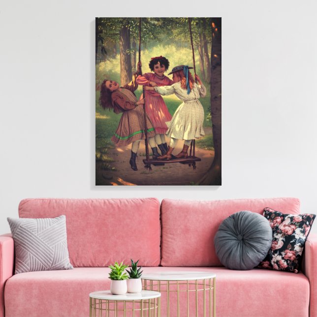 Three Girls Swing in Forest  Canvas Print (Insitu(LivingRoom))