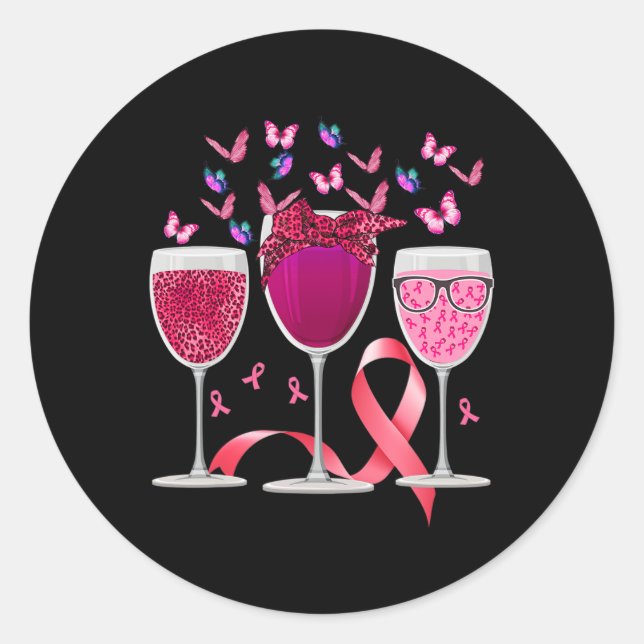 Three Glass Wine Breast Cancer Awareness Pink Ribb Classic Round Sticker (Front)
