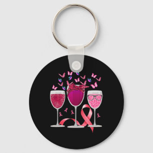 Three Glass Wine Breast Cancer Awareness Pink Ribb Key Ring