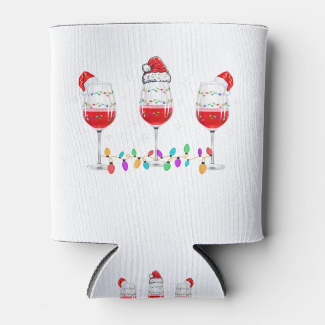 Three Glasses of Wine Christmas Lights Santa Hat X Can Cooler (Front)