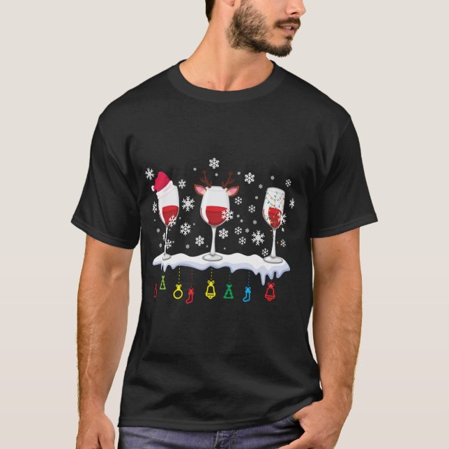 Three Glasses Of Wine Santa Hat Christmas Drinking T-Shirt (Front)