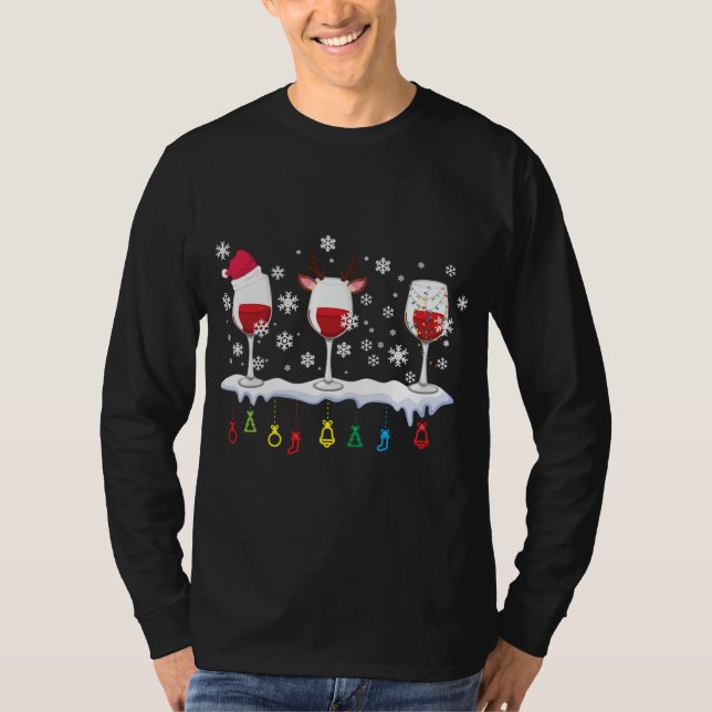 Three Glasses Of Wine Santa Hat Christmas Drinking T-Shirt (Front)