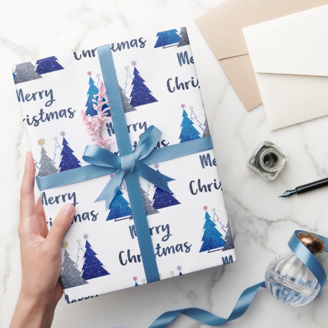 Three glitter christmas tree with star- merry wrapping paper (Gifting)