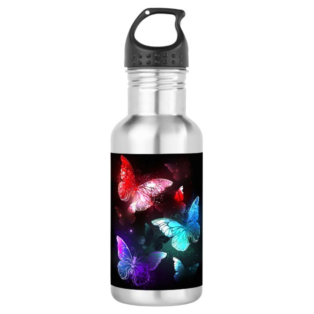 Three Glowing Butterflies on night background 532 Ml Water Bottle (Front)