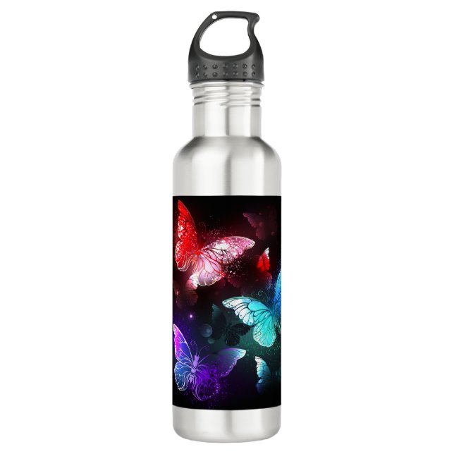 Three Glowing Butterflies on night background 710 Ml Water Bottle (Front)