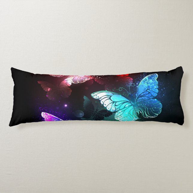Three Glowing Butterflies on night background Body Cushion (Front)