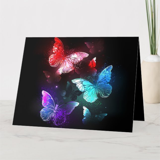 Three Glowing Butterflies on night background Card (Front)