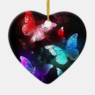Three Glowing Butterflies on night background Ceramic Tree Decoration