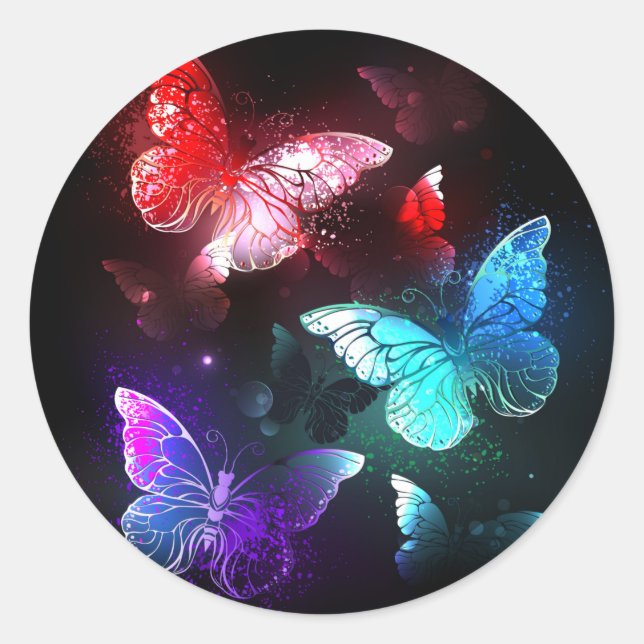Three Glowing Butterflies on night background Classic Round Sticker (Front)