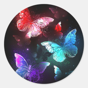 Three Glowing Butterflies on night background Classic Round Sticker