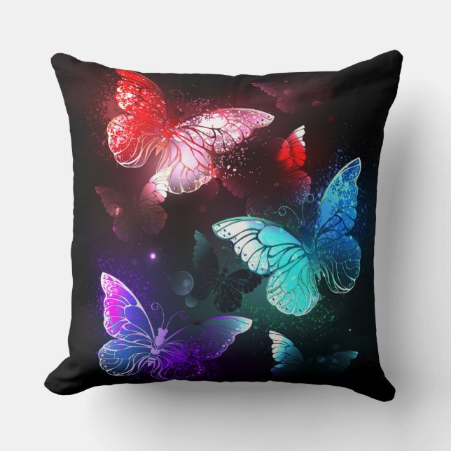 Three Glowing Butterflies on night background Cushion (Front)