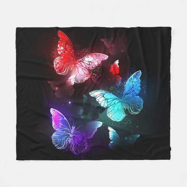 Three Glowing Butterflies on night background Fleece Blanket (Front (Horizontal))