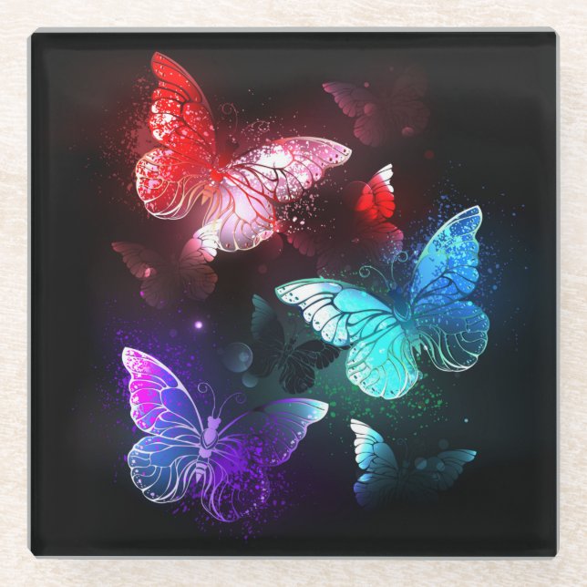 Three Glowing Butterflies on night background Glass Coaster (Front)