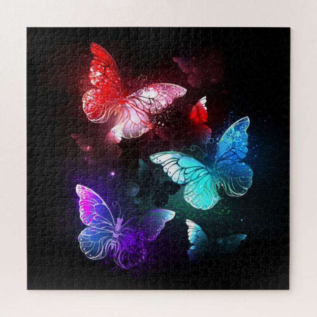 Three Glowing Butterflies on night background Jigsaw Puzzle (Horizontal)